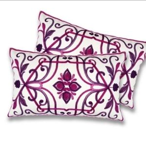 2 down feather pillows lumbar pink white embroidered